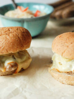 Sauerkraut Topped Brat Burgers Photo