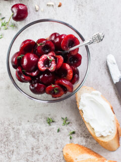 Cherry Goat Cheese Crostini with Thyme and Almonds Image