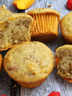 Gluten Free Nutty Vegan Peach Raspberry Muffins Image