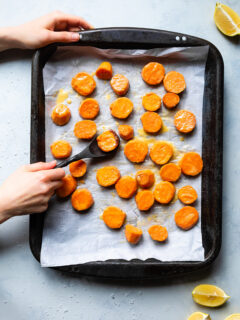 Roasted Tahini Maple Sweet Potatoes Image