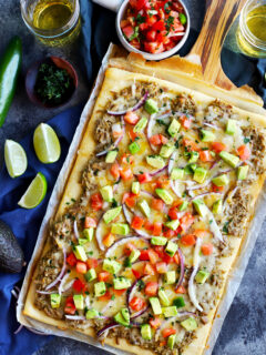 Avocado Pulled Pork Flatbread with Grilled Tomatillo Salsa Image